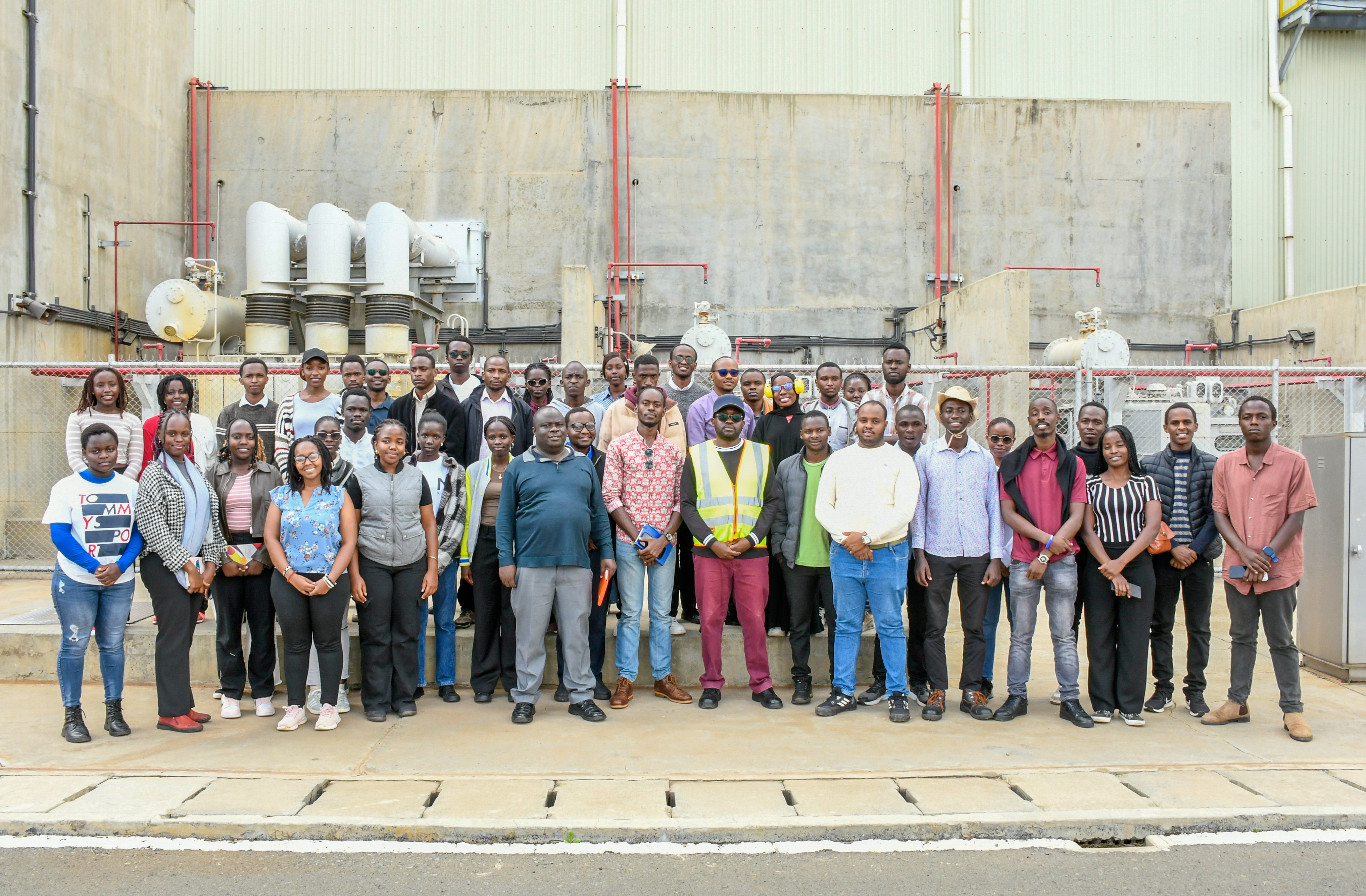 Students at the Olkaria 1 AU Geothermal Power Plant after the tour