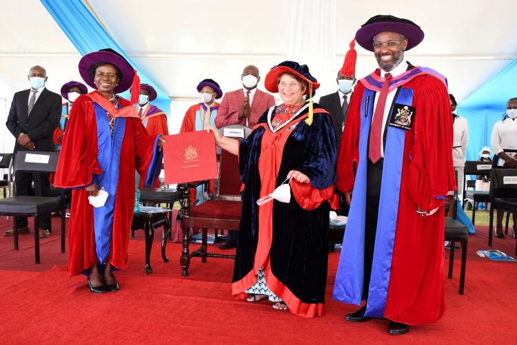 Chancellor Dr Vijoo Rattansi VC Prof Stephen Kiama with Council Chair Prof Julia Ojiambo (L) after recieving her Doctor of Science (Honorius Causa) degree