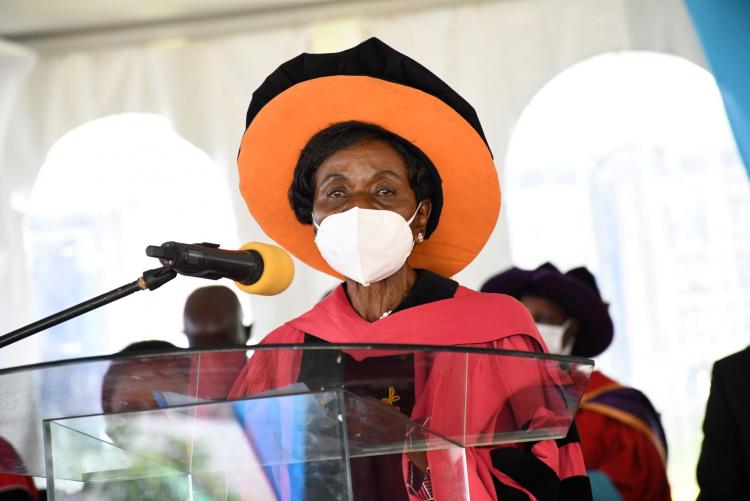 Council Chair Prof Julia Ojiambo gives her remarks during the 64th Graduation Ceremony