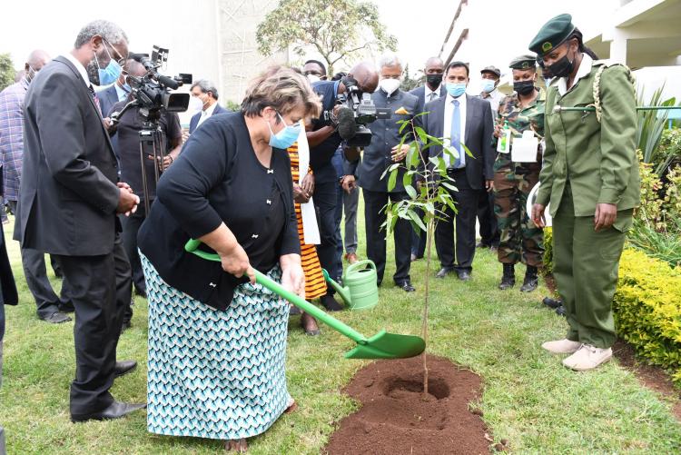 Chancellor Dr Vijoo Rattansi plants a tree during the commissioning of the Mahatma Gandhi Graduate Library.