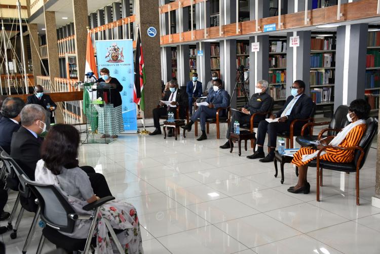 The Chancellor, Dr Vijoo Rattansi gives her remarks during the commissioning of the Mahatma Gandhi Graduate Library.