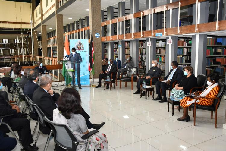 The Chief Administrative Secretary Ministry of Foreign Affairs Hon Ababu Namwamba gives his remarks during the commissioning of the Mahatma Gandhi Graduate Library.