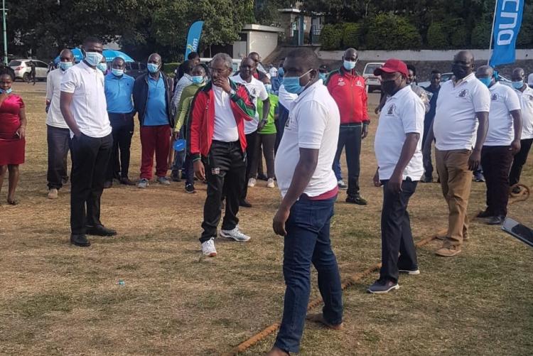 The VC Prof Stephen Kiama joins in the tug of war during the 2021 UoN Sports Day.