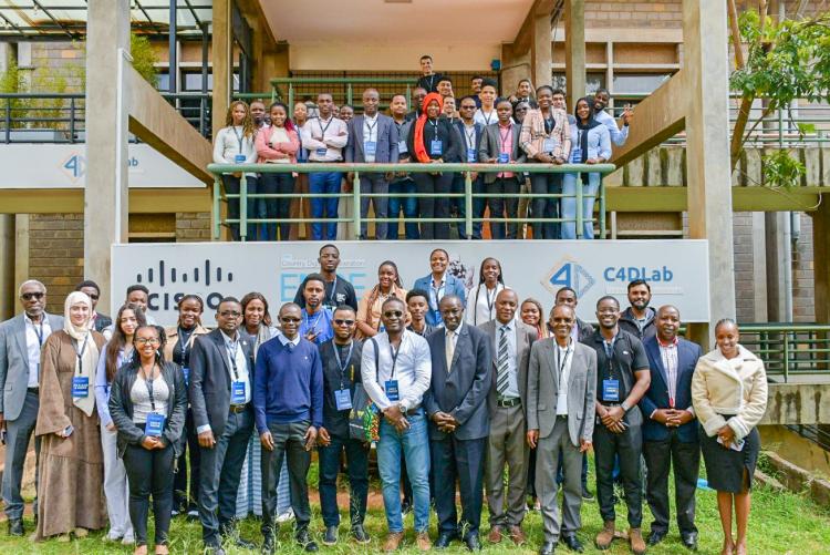 Leaders from the University of Nairobi and the AFRETEC innovation network together with student participants during the opening of the Makerthon at Chiromo Campus.